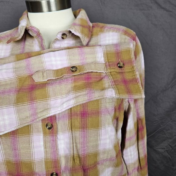 Flannel Shirt-SO Brand Tan and Pink Plaid Button Up Shirt Size M - Picture 3 of 7